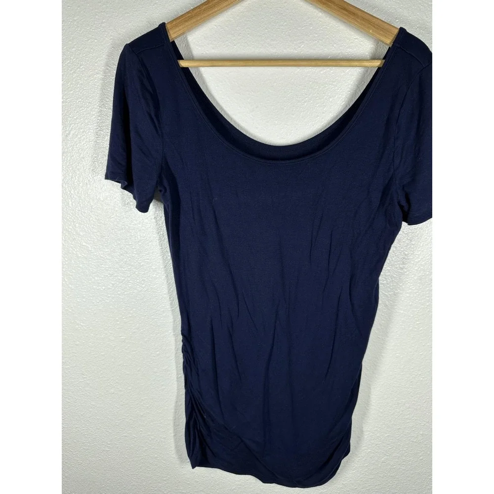 Maurices 24/7 Shirt Womens Small Navy Scoop Neck Ruched Side Stretch Jersey Top - Picture 6 of 6